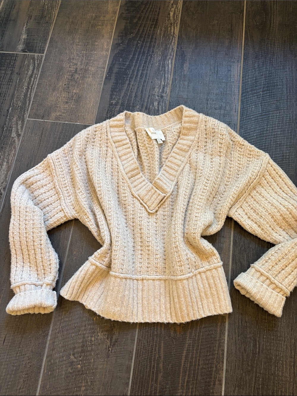 Pink Rose Cream V-Neck Ribbed Knit Sweater